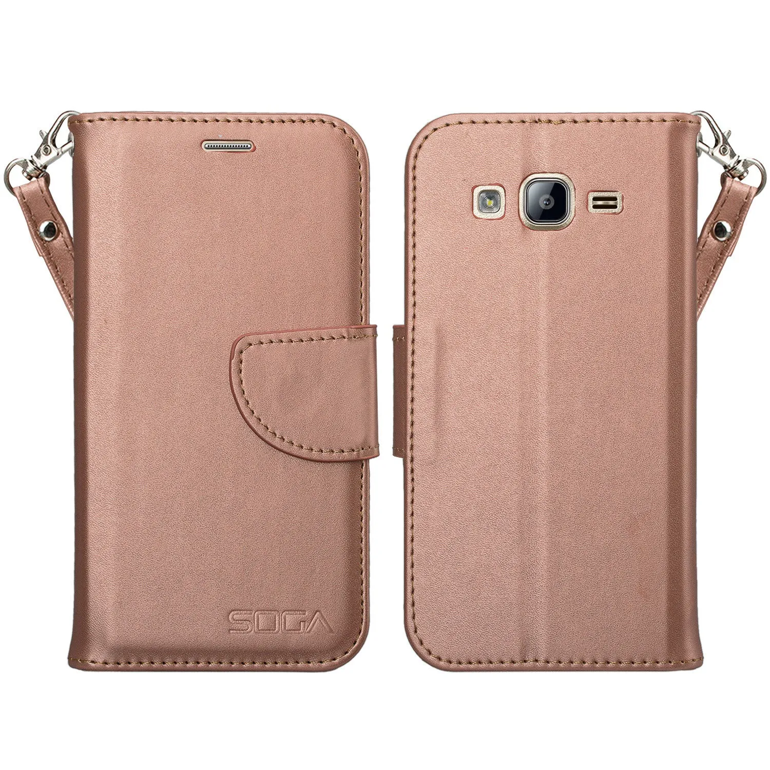 Galaxy On5 Case, Samsung Galaxy On5 Wallet Case, Wrist Strap Flip Folio[Kickstand Feature] Pu Leather Wallet Case with ID & Credit Card Slots For Galaxy On5 - Rose Gold Solid