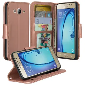 Galaxy On5 Case, Samsung Galaxy On5 Wallet Case, Wrist Strap Flip Folio[Kickstand Feature] Pu Leather Wallet Case with ID & Credit Card Slots For Galaxy On5 - Rose Gold Solid