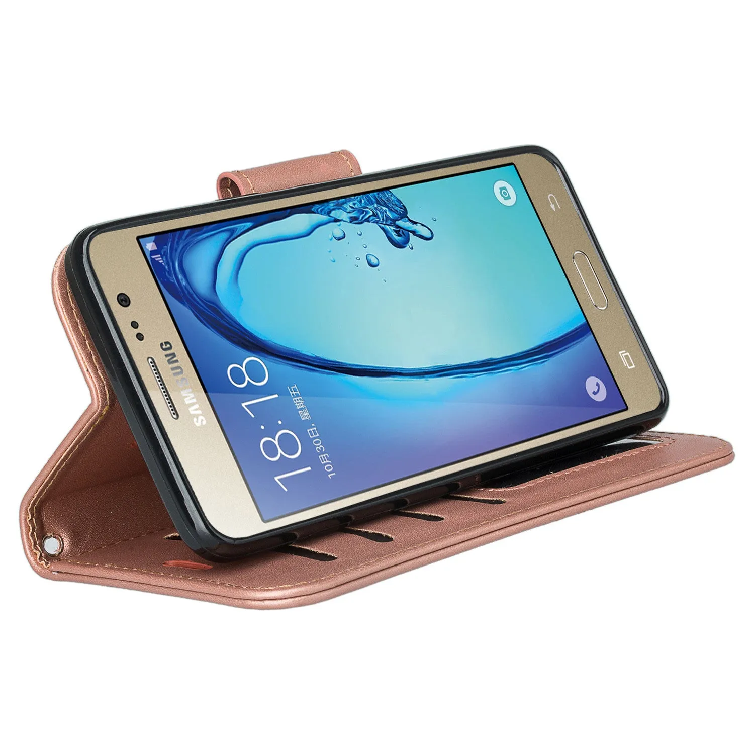 Galaxy On5 Case, Samsung Galaxy On5 Wallet Case, Wrist Strap Flip Folio[Kickstand Feature] Pu Leather Wallet Case with ID & Credit Card Slots For Galaxy On5 - Rose Gold Solid