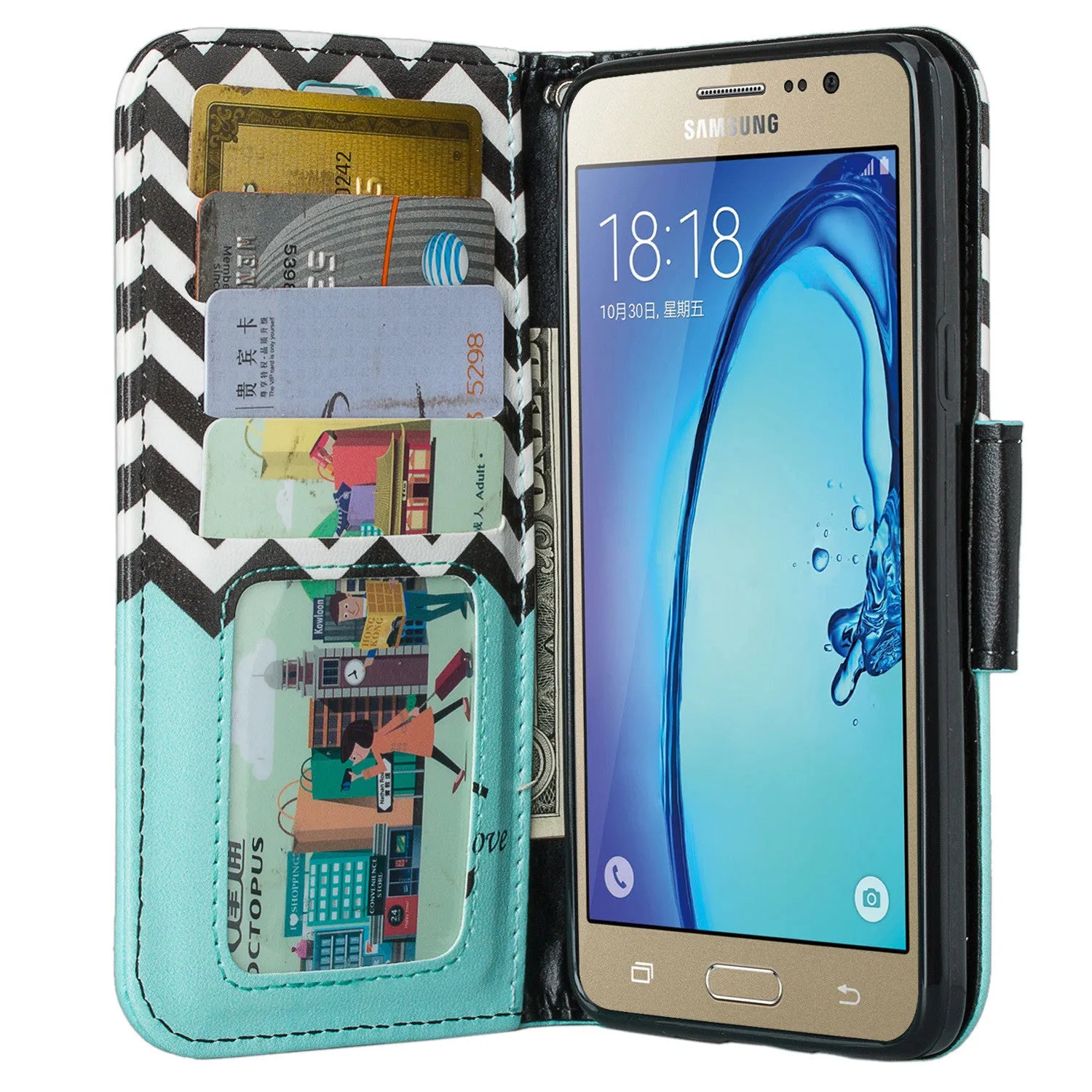 Galaxy On5 Case, Samsung Galaxy On5 Wallet Case, Wrist Strap Flip Folio[Kickstand Feature] Pu Leather Wallet Case with ID & Credit Card Slots For Galaxy On5 - Teal Anchor