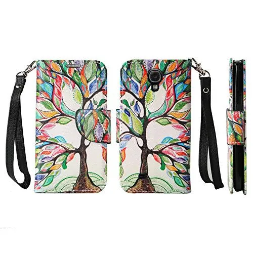 Galaxy S4 Case, Wrist Strap Magnetic Fold[Kickstand] Pu Leather Wallet Case with ID & Credit Card Slots for Samsung Galaxy S4 - Vibrant Tree