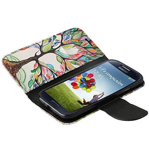 Galaxy S4 Case, Wrist Strap Magnetic Fold[Kickstand] Pu Leather Wallet Case with ID & Credit Card Slots for Samsung Galaxy S4 - Vibrant Tree