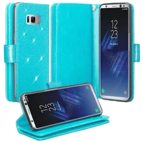 Galaxy S8 Case, Samsung Galaxy S8 Case, Glitter Faux Leather Flip Credit Card Holder Wrist Strap Shockproof Protective Wallet Case Clutch for Samsung Galaxy S8 - Teal