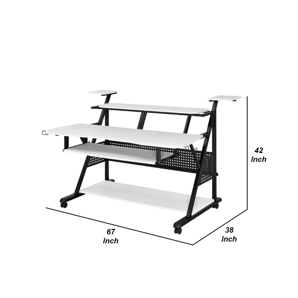 Gia 67 Inch Music Desk Workstation, Speaker Shelf, Keyboard Tray, White By Casagear Home