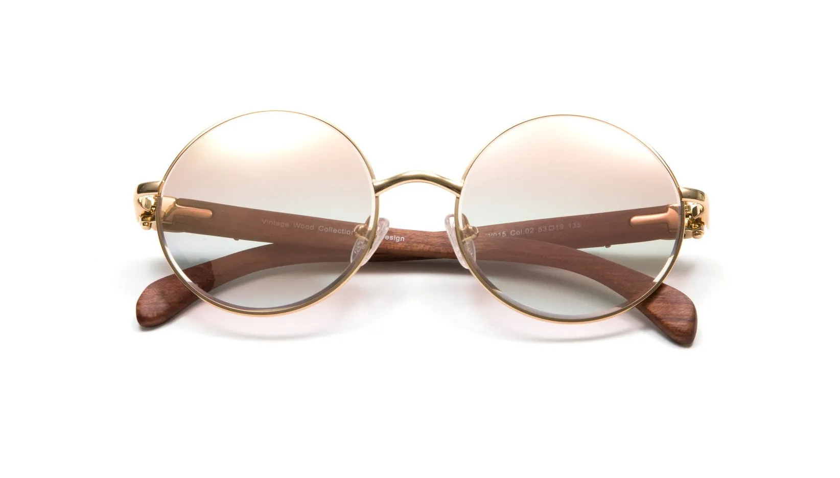 Gold & Wood Round Sunglasses, Gradient Brown   White Gold Mirror Lenses