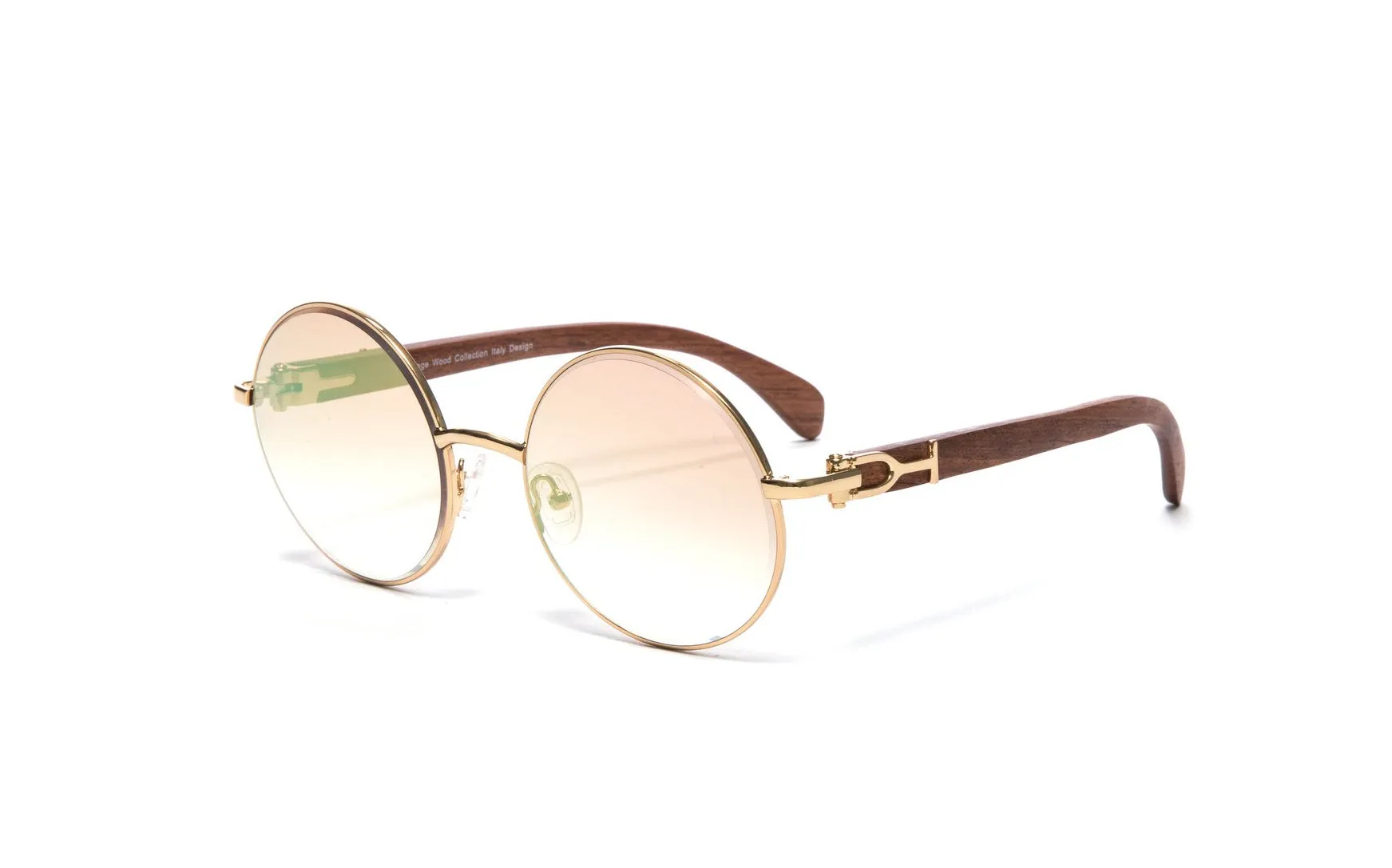 Gold & Wood Round Sunglasses, Gradient Brown   White Gold Mirror Lenses