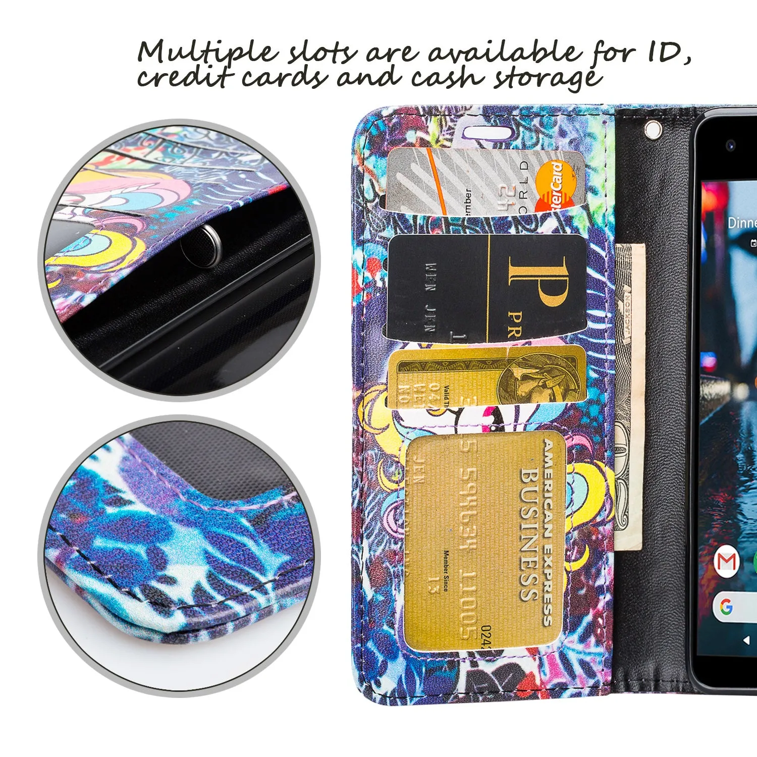 Google Pixel 2 Case, Pixel 2 Case, Slim Flip Folio [Kickstand] Pu Leather Wallet Case with ID & Card Slots & Pocket   Wrist Strap - Rainbow Unicorn