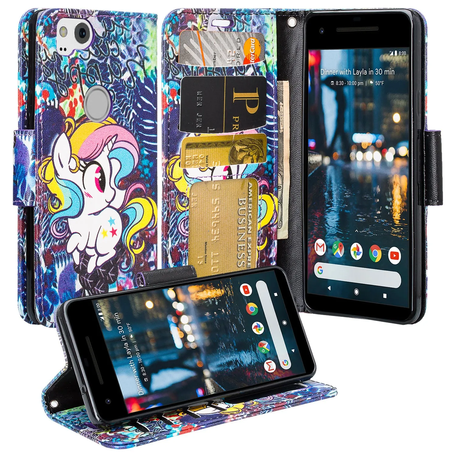 Google Pixel 2 Case, Pixel 2 Case, Slim Flip Folio [Kickstand] Pu Leather Wallet Case with ID & Card Slots & Pocket   Wrist Strap - Rainbow Unicorn