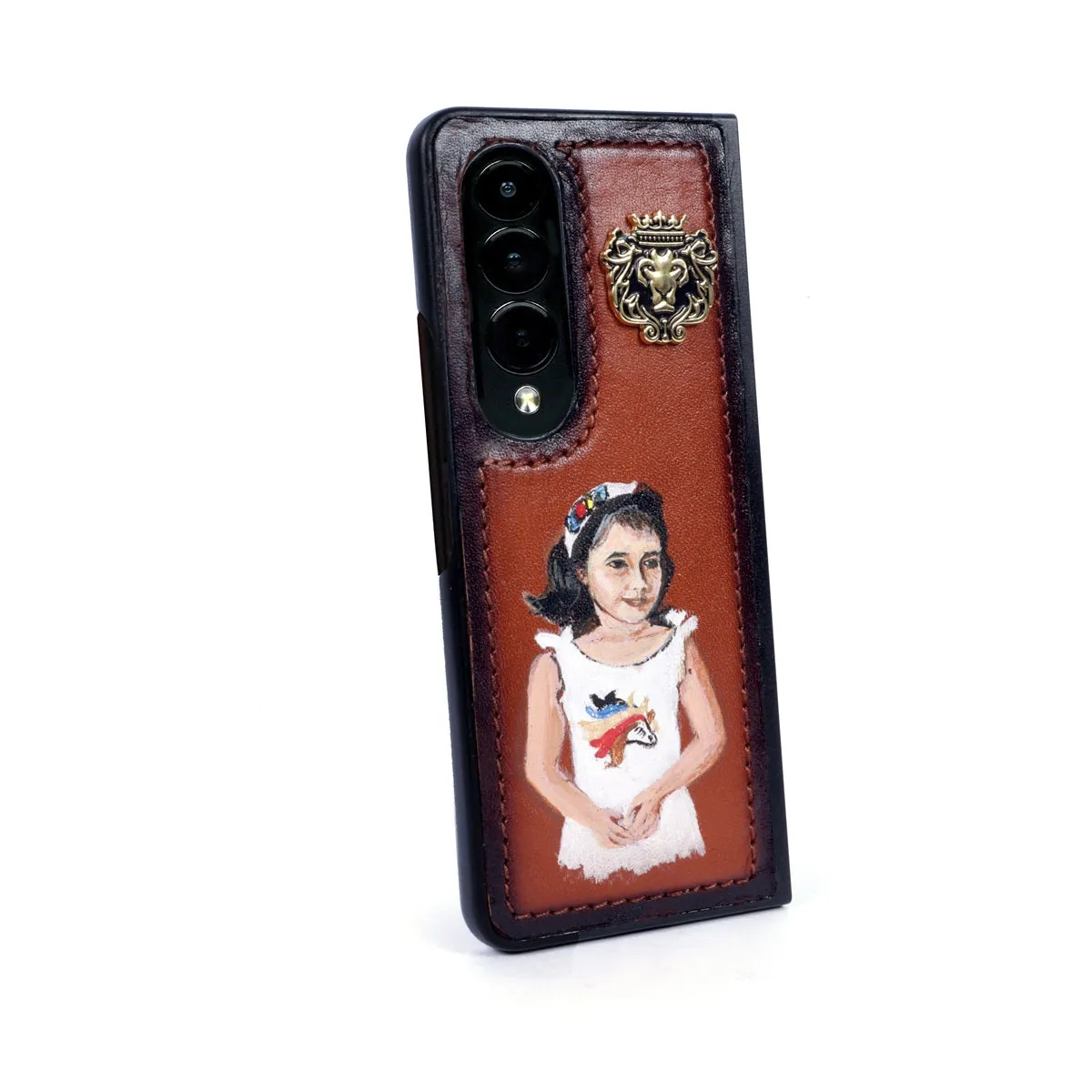 Hand Painted Mobile Cover with Customized Daughter Portrait on Tan Samsung Galaxy Fold Case