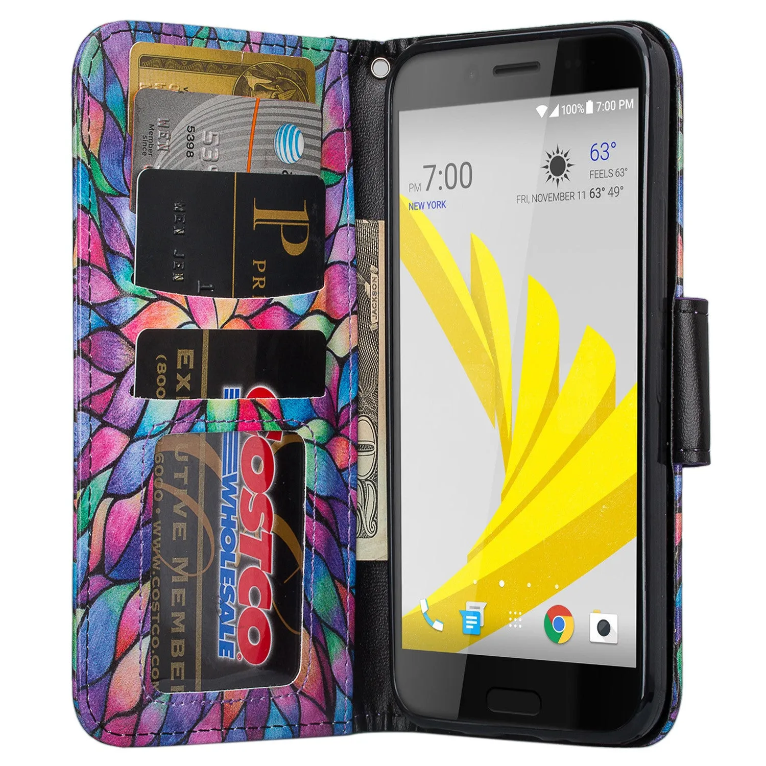 HTC Bolt Case, HTC Bolt Wallet Case, Slim Flip Folio [Kickstand] Pu Leather Wallet Case with ID & Card Slots   Wrist Strap   Pocket - Rainbow Flower