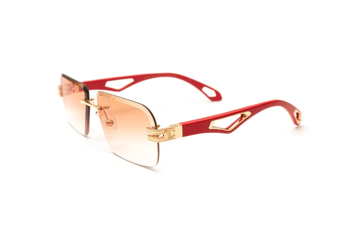 INFAMOUS 24KT Gold & Red Wood Rimless Sunglasses, Gradient Brown Lenses