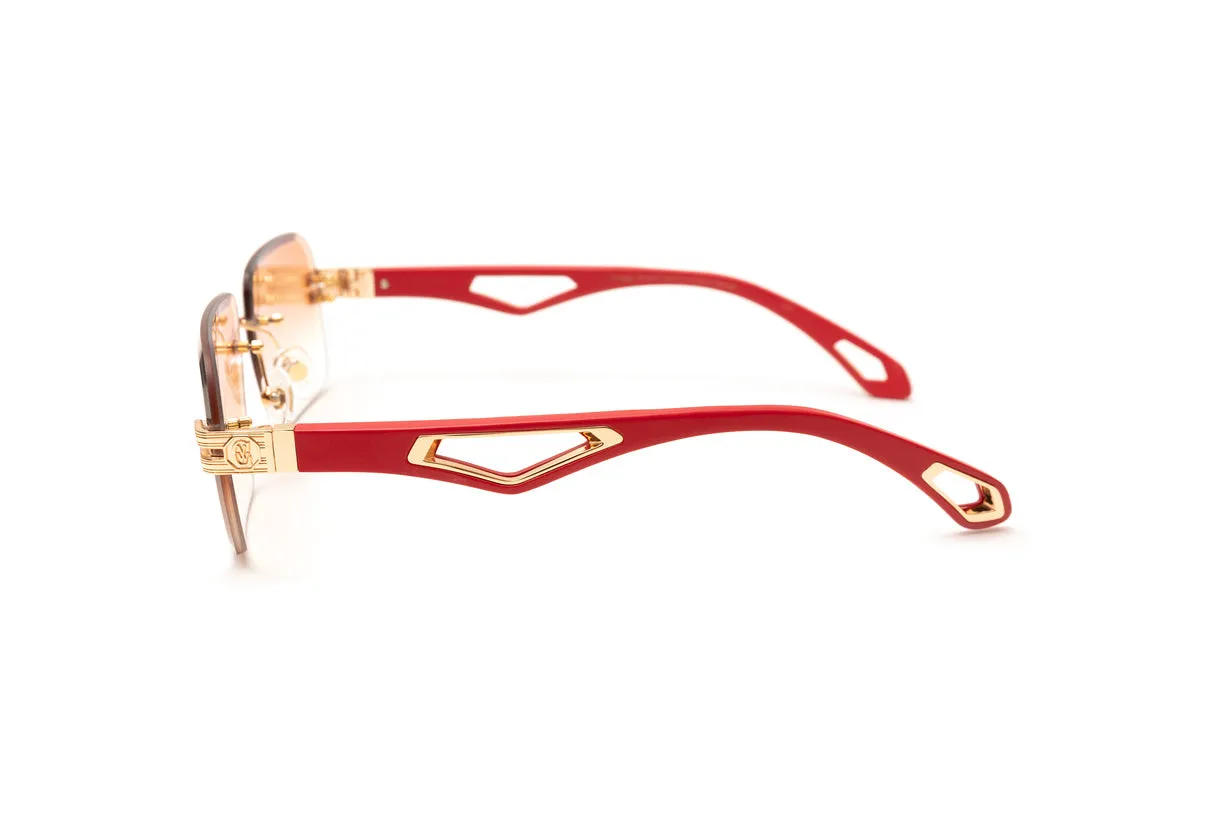 INFAMOUS 24KT Gold & Red Wood Rimless Sunglasses, Gradient Brown Lenses