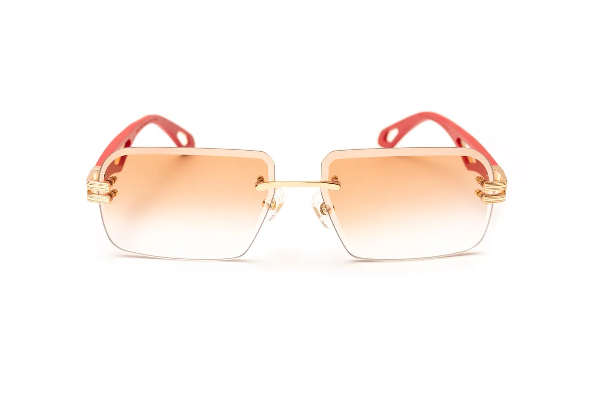 INFAMOUS 24KT Gold & Red Wood Rimless Sunglasses, Gradient Brown Lenses