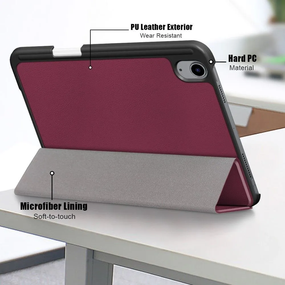 iPad Mini 6 (2021) slim tri-fold PU leather flip case with pen slot - Wine Red