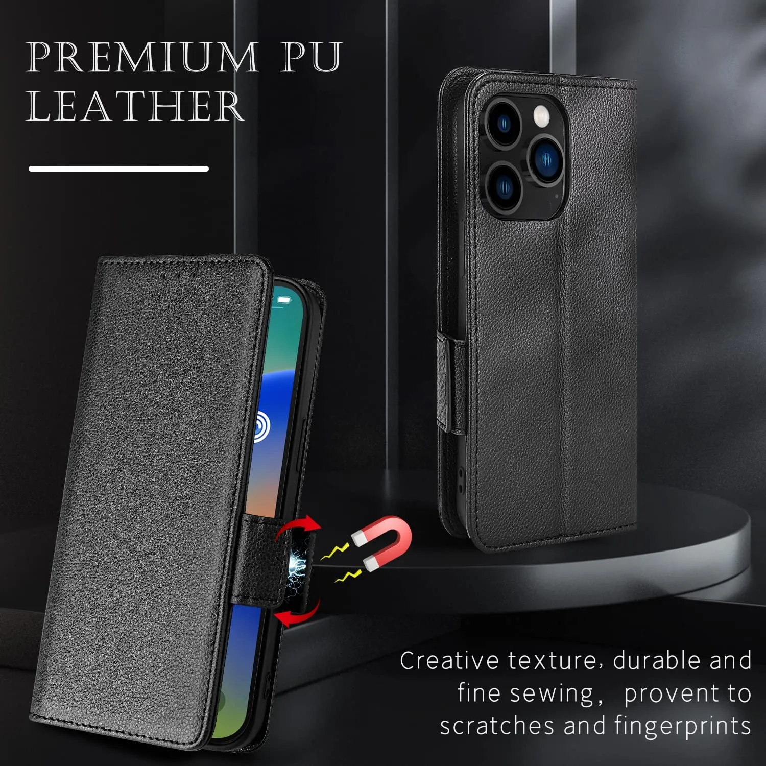 iPhone 14 Pro Max Case Men Women, PU Leather Magnetic 6.7inch Black