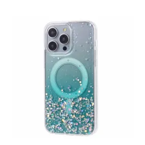 iPhone 14 Pro Max MagSafe case with acrylic back and color gradient in glitter design - turquoise