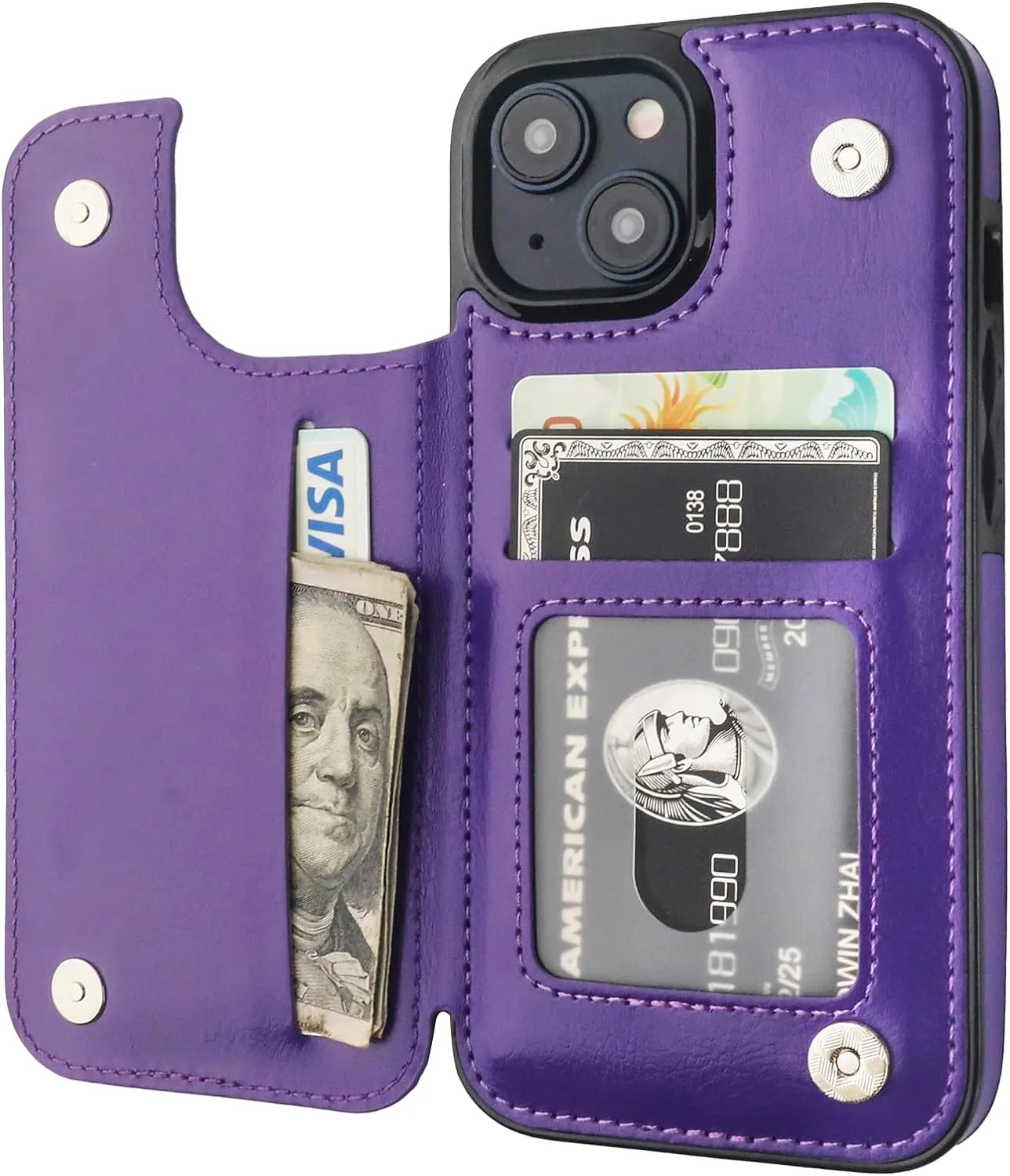 iPhone 15 Wallet Case Card Holder PU Leather Kickstand Card Slots Case