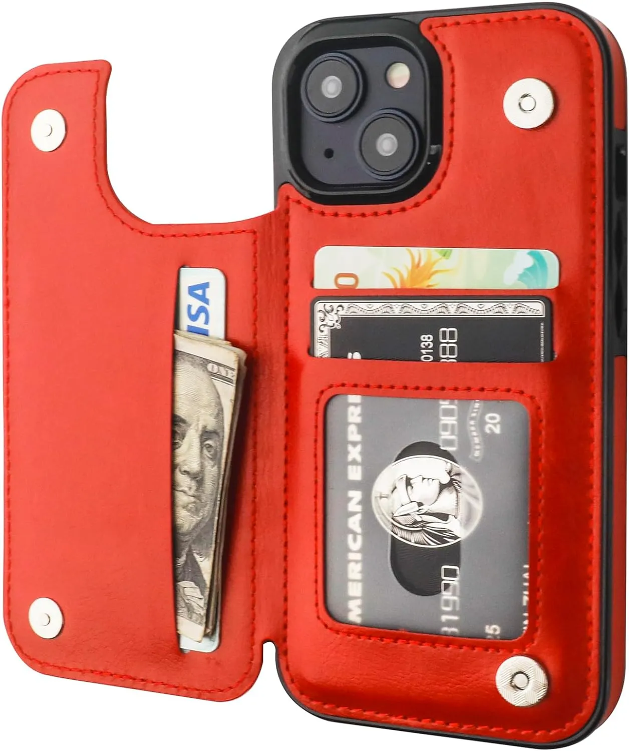 iPhone 15 Wallet Case Card Holder PU Leather Kickstand Card Slots Case