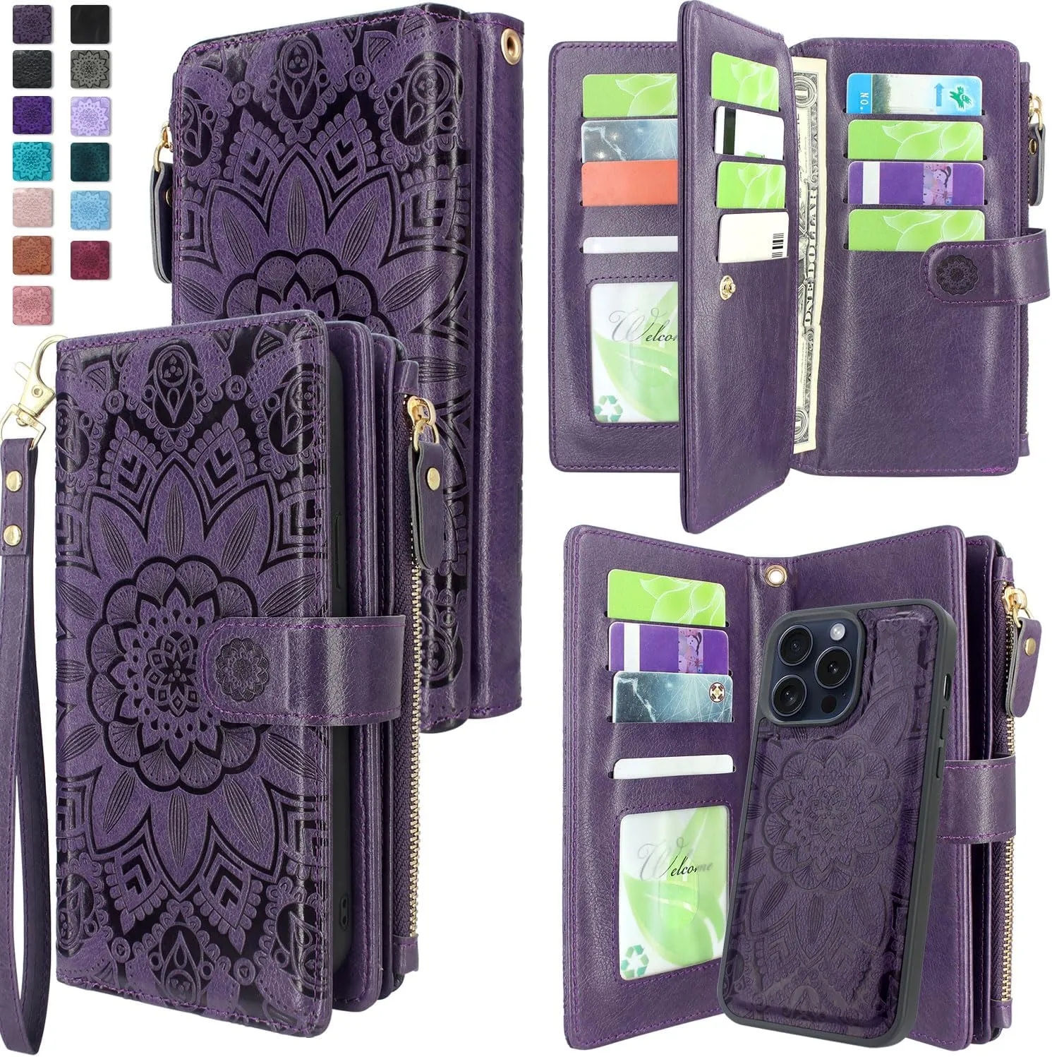 iPhone 16 Pro Max Wallet Detachable Removable Mandala Case