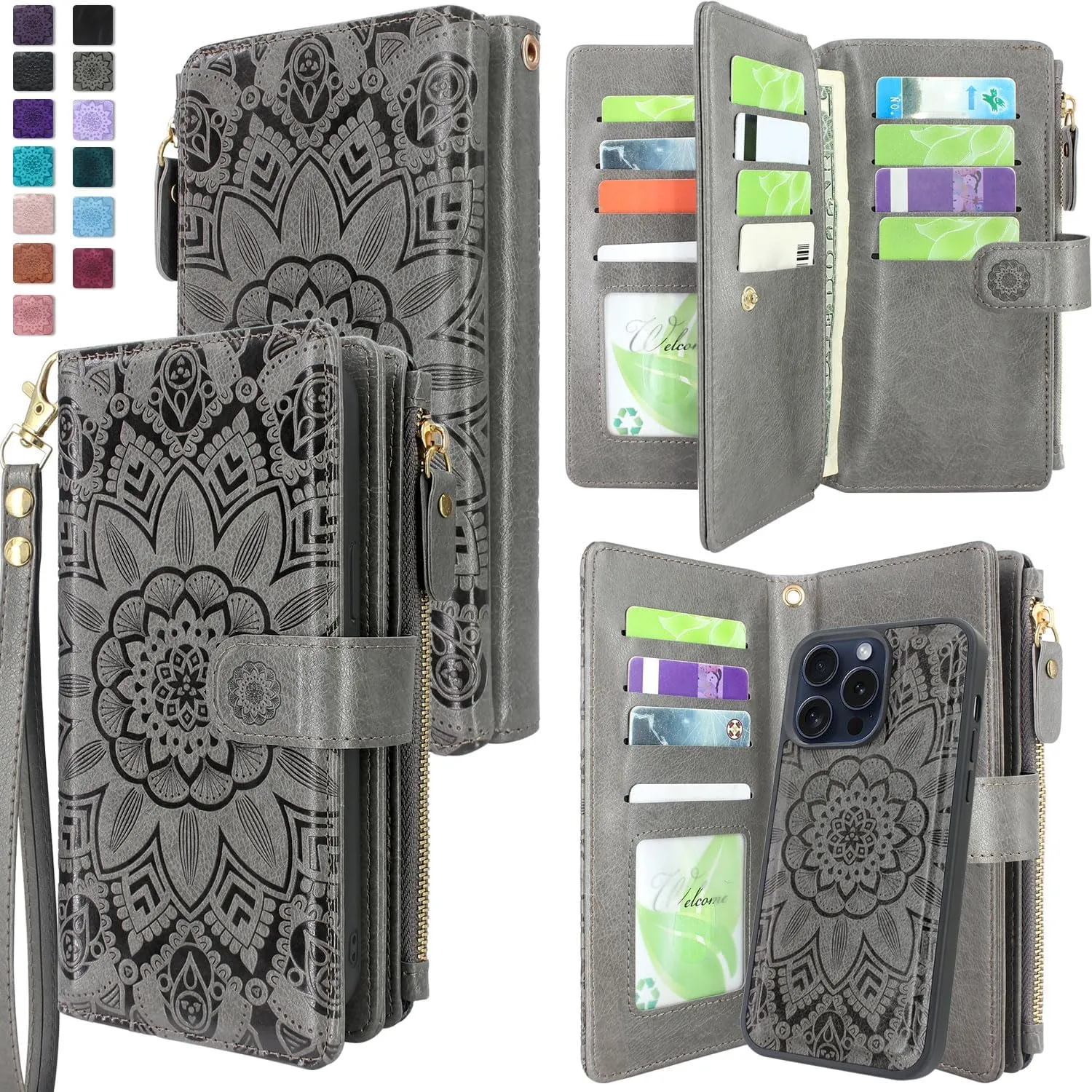 iPhone 16 Pro Max Wallet Detachable Removable Mandala Case