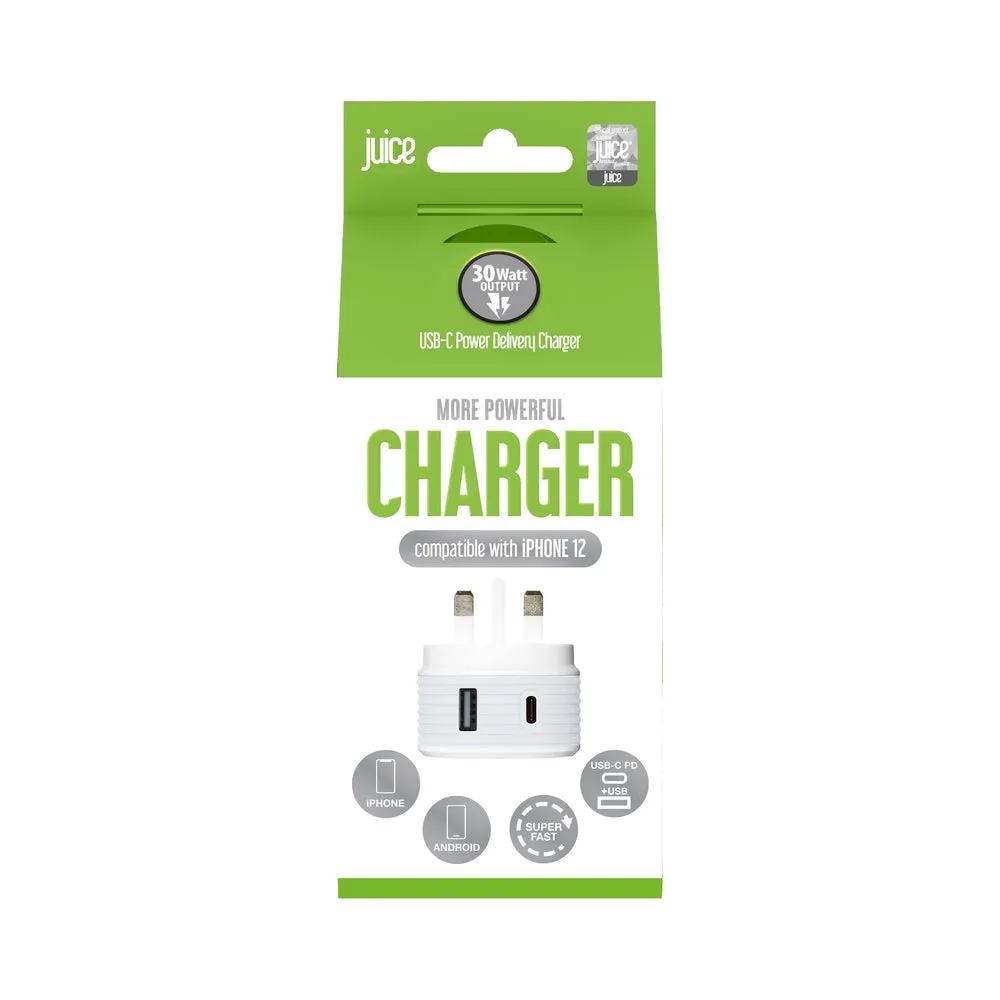 Juice Dual USB-C USB-A Charger 30w Power Delivery For iPhone 12 & Android Smartphones