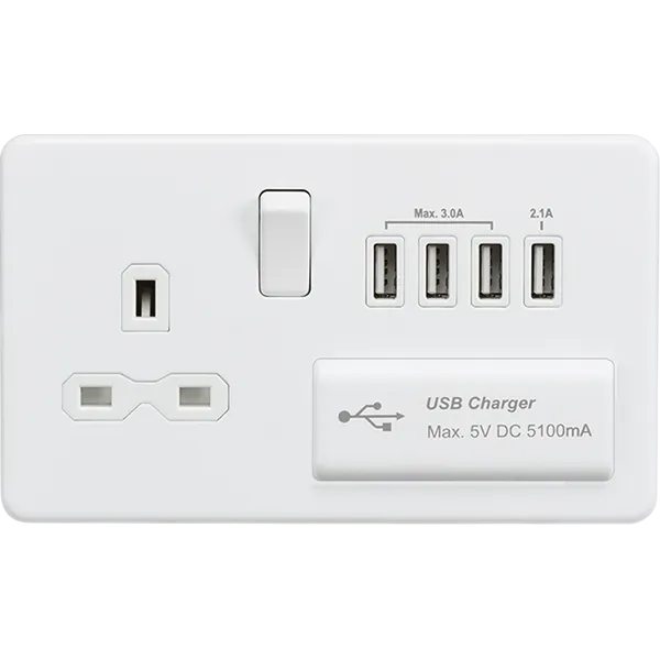 Knightsbridge Screwless 13A 1 Gang Switched Socket Quad USB A Matt White