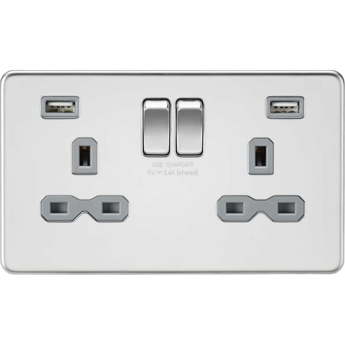 Knightsbridge Screwless 13A 2 Gang 2 USB Port Switched Socket Polished Chrome Grey Insert