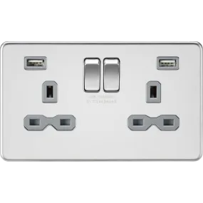 Knightsbridge Screwless 13A 2 Gang 2 USB Port Switched Socket Polished Chrome Grey Insert