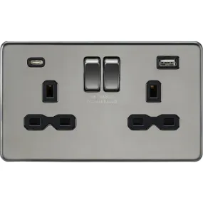 Knightsbridge Screwless 13A 2 Gang Switched Socket Dual USB A C Black Nickel with Black Insert