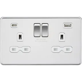 Knightsbridge Screwless 13A 2 Gang Switched Socket Dual USB A C Polished Chrome with White Insert