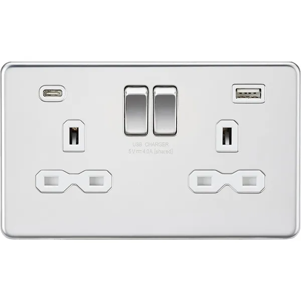 Knightsbridge Screwless 13A 2 Gang Switched Socket Dual USB A C Polished Chrome with White Insert