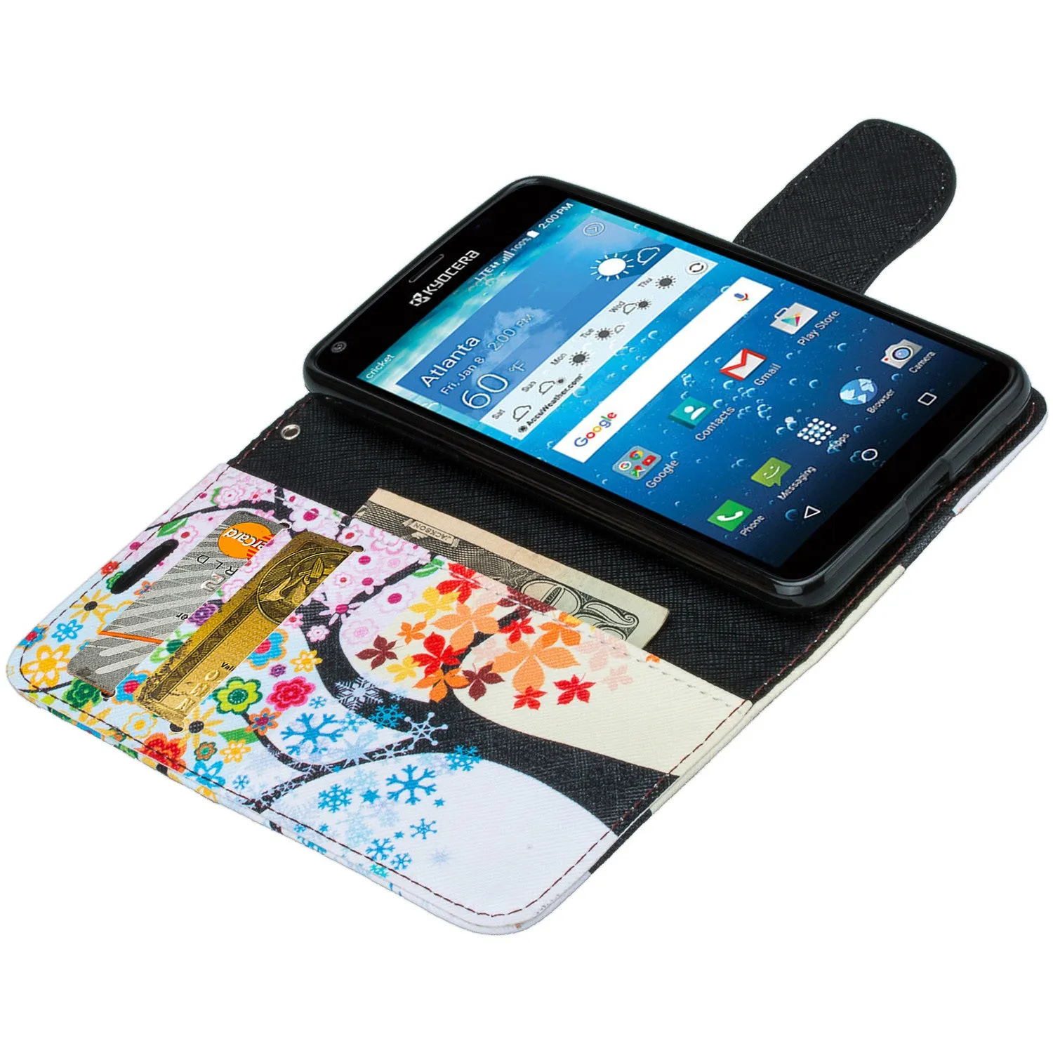 Kyocera Hydro View Wallet Case, Wrist Strap Pu Leather Magnetic Flip Fold[Kickstand] with ID & Card Slots for Kyocera Hydro View - 4 Season Tree