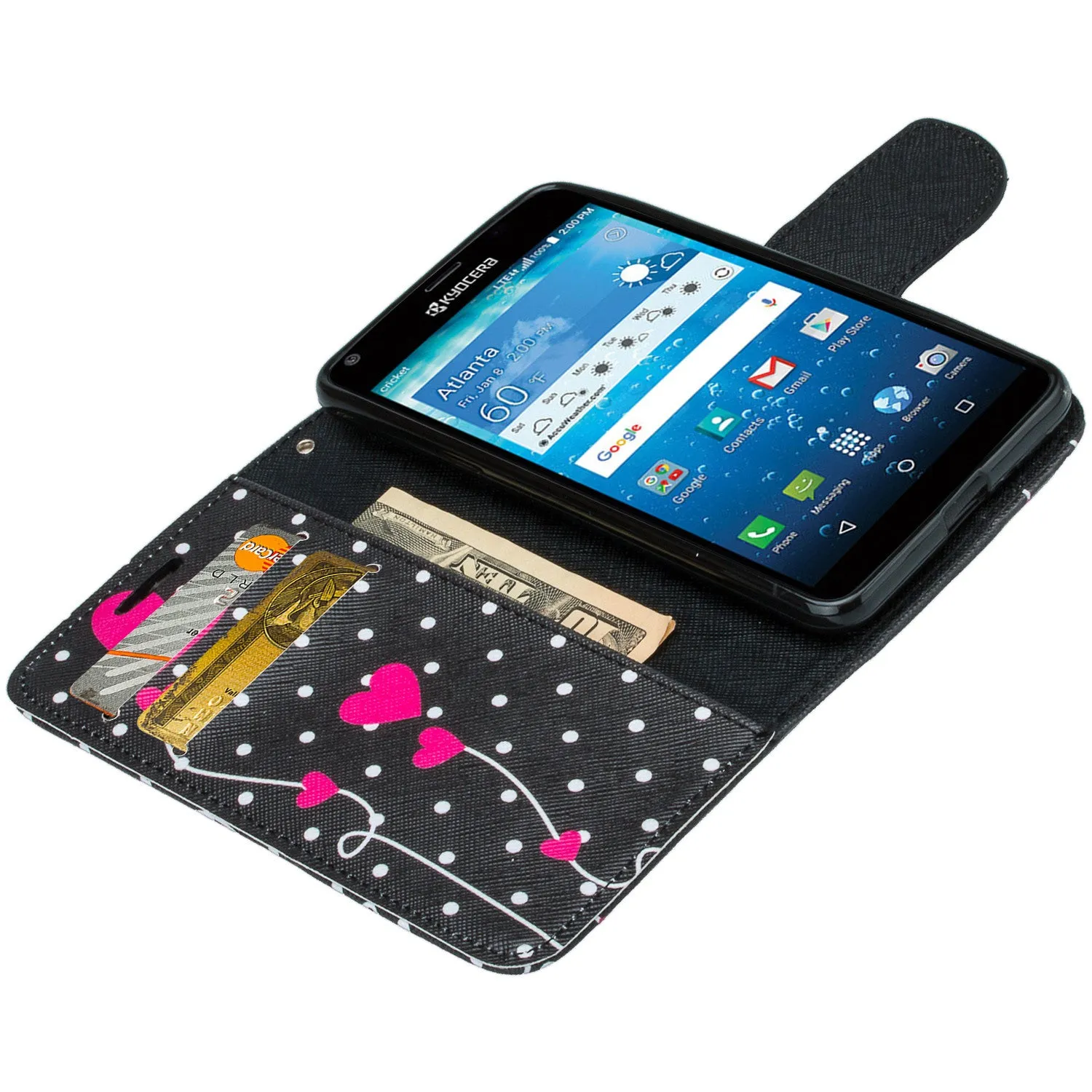 Kyocera Hydro View Wallet Case, Wrist Strap Pu Leather Magnetic Flip Fold[Kickstand] with ID & Card Slots for Kyocera Hydro View - Polka Dot Hearts