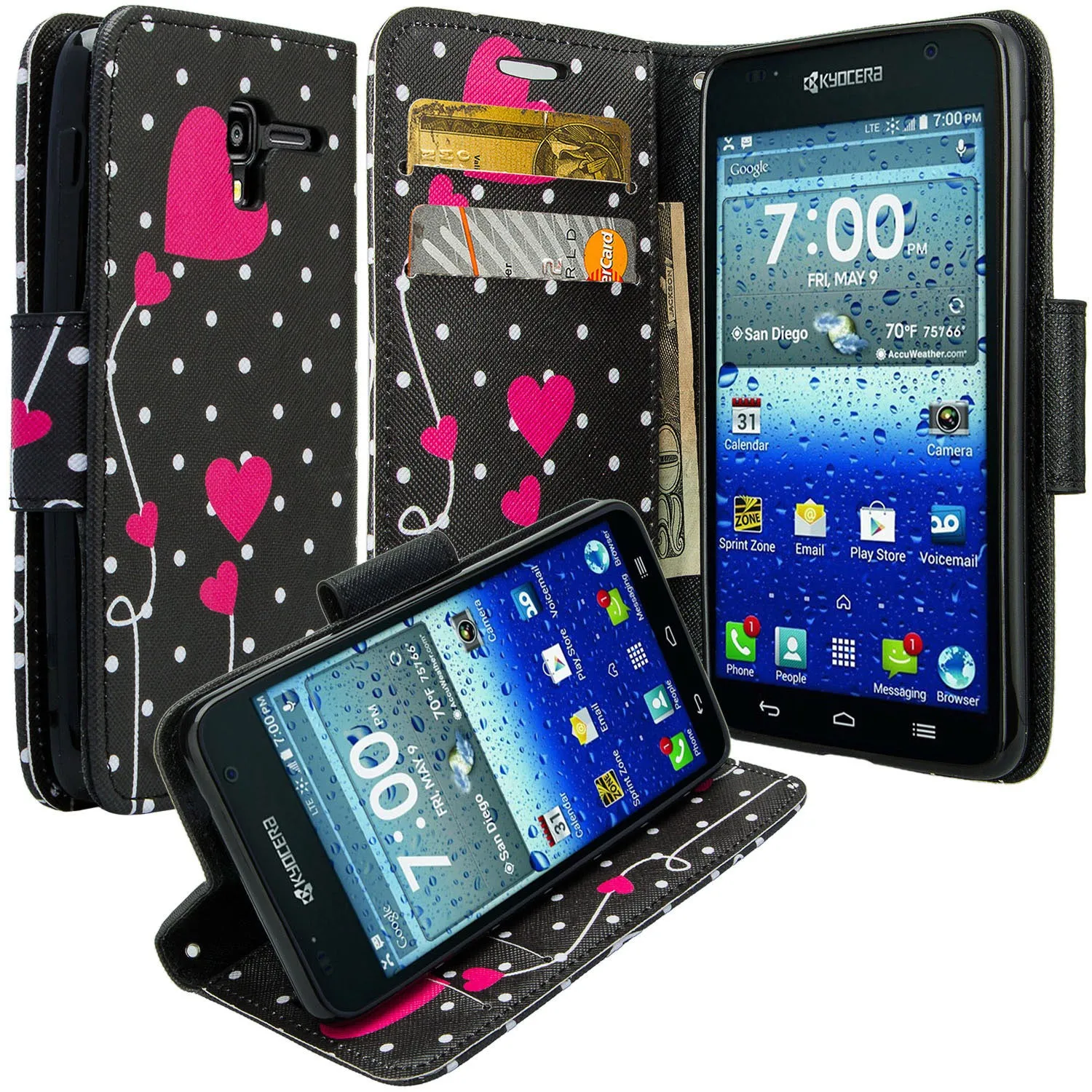 Kyocera Hydro View Wallet Case, Wrist Strap Pu Leather Magnetic Flip Fold[Kickstand] with ID & Card Slots for Kyocera Hydro View - Polka Dot Hearts