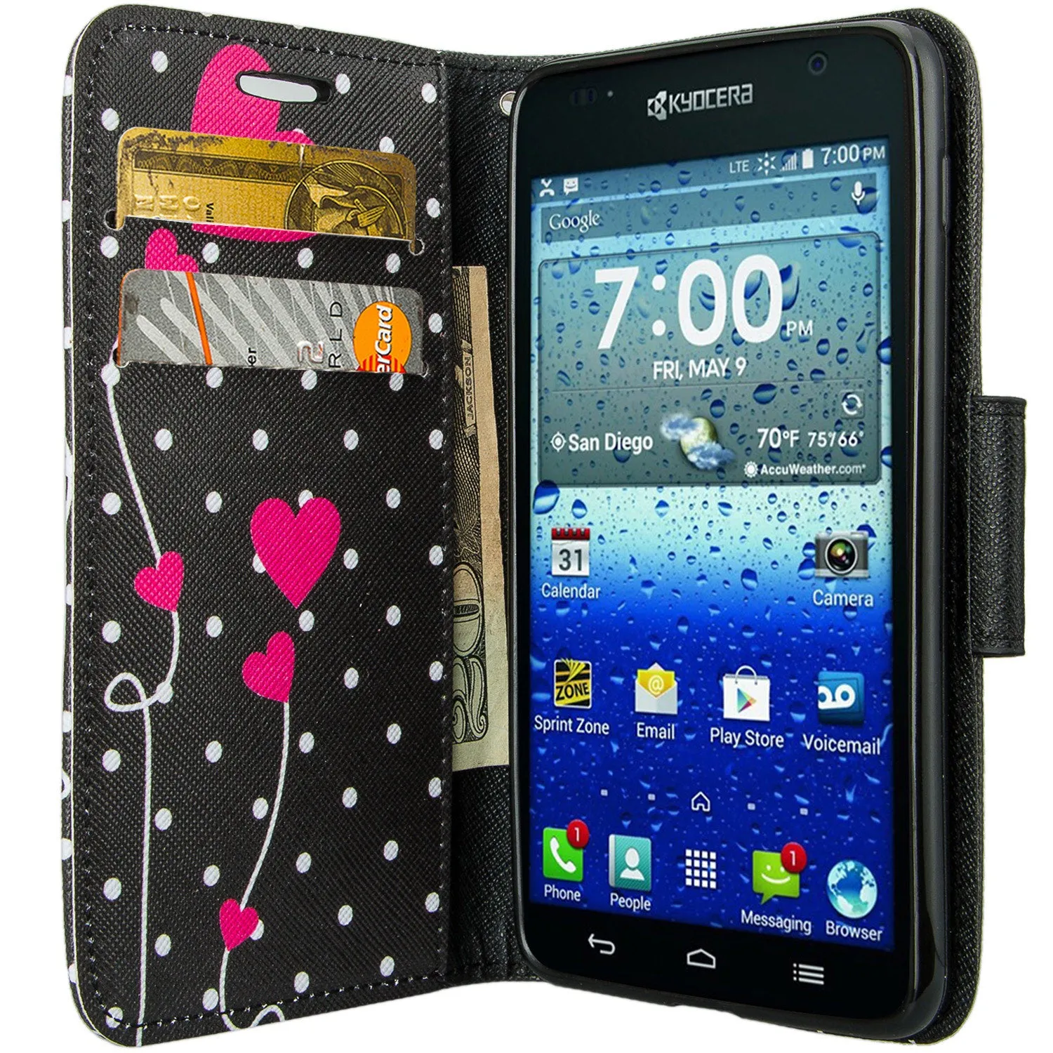 Kyocera Hydro View Wallet Case, Wrist Strap Pu Leather Magnetic Flip Fold[Kickstand] with ID & Card Slots for Kyocera Hydro View - Polka Dot Hearts