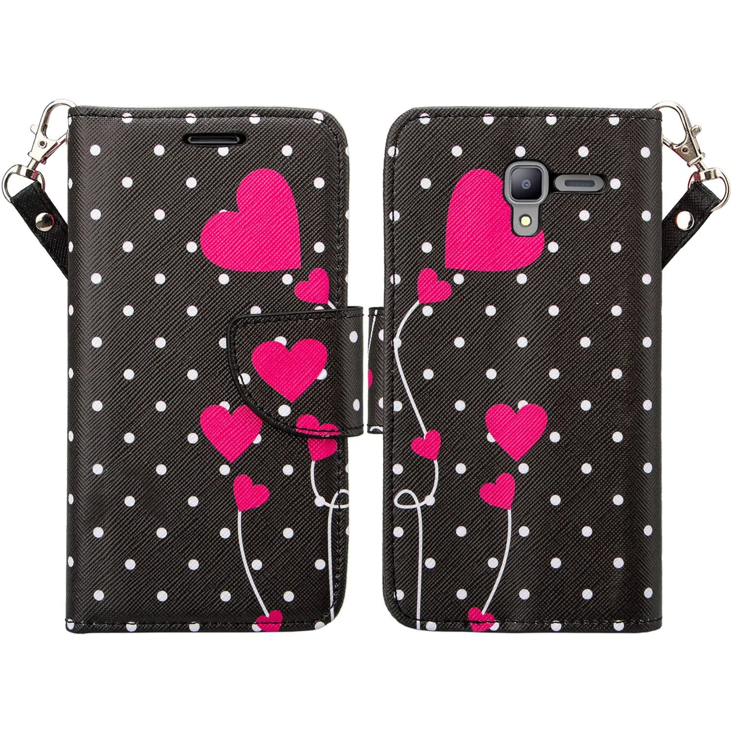 Kyocera Hydro View Wallet Case, Wrist Strap Pu Leather Magnetic Flip Fold[Kickstand] with ID & Card Slots for Kyocera Hydro View - Polka Dot Hearts