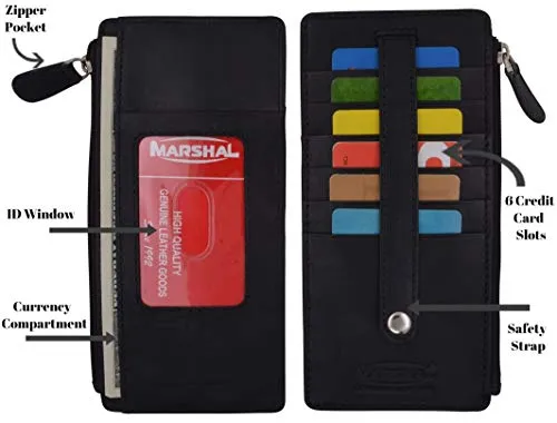 Leather All in One Card Case Holder Slim Wallet With a Card Protection Strap by Marshal