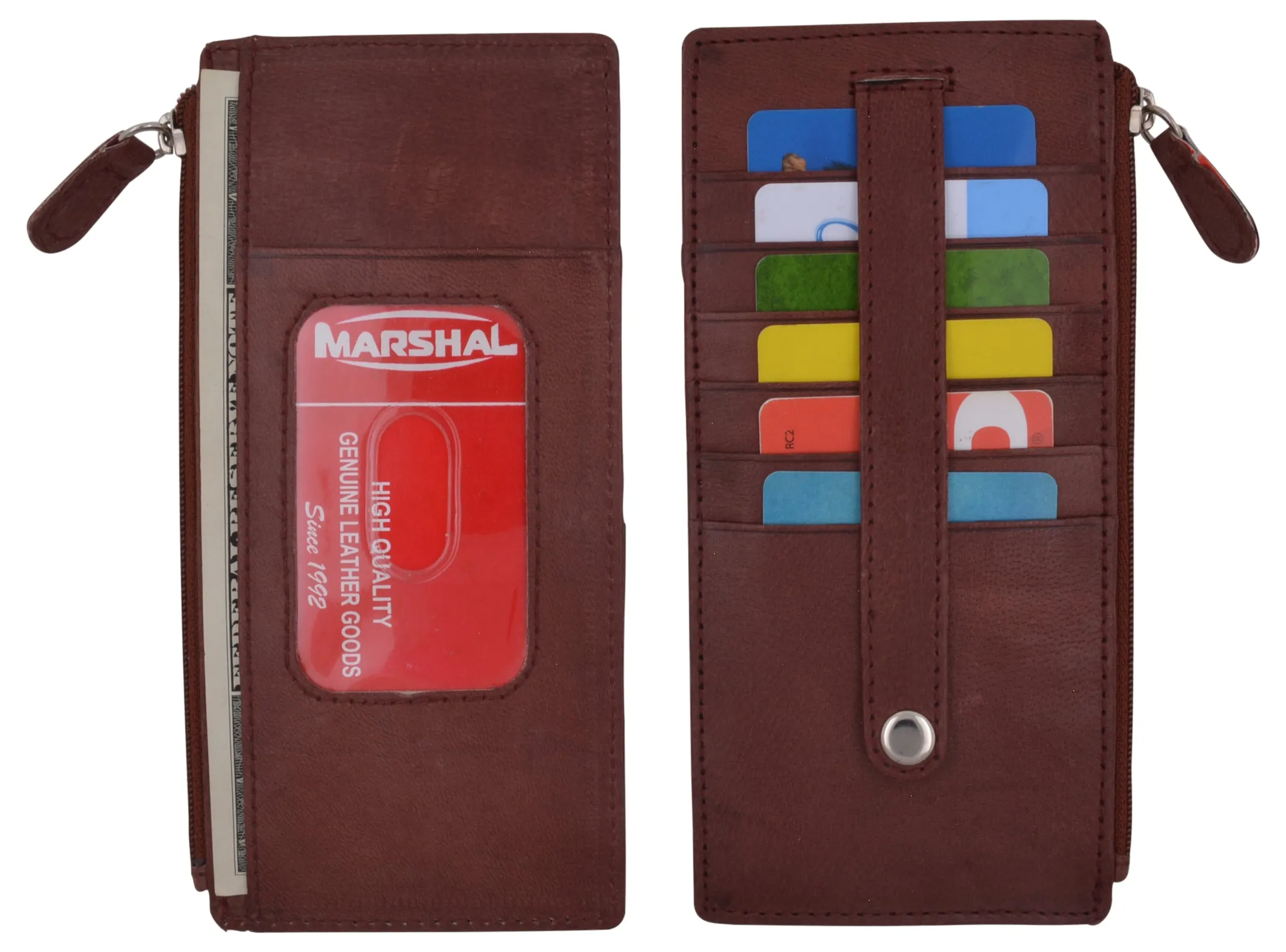 Leather All in One Card Case Holder Slim Wallet With a Card Protection Strap by Marshal