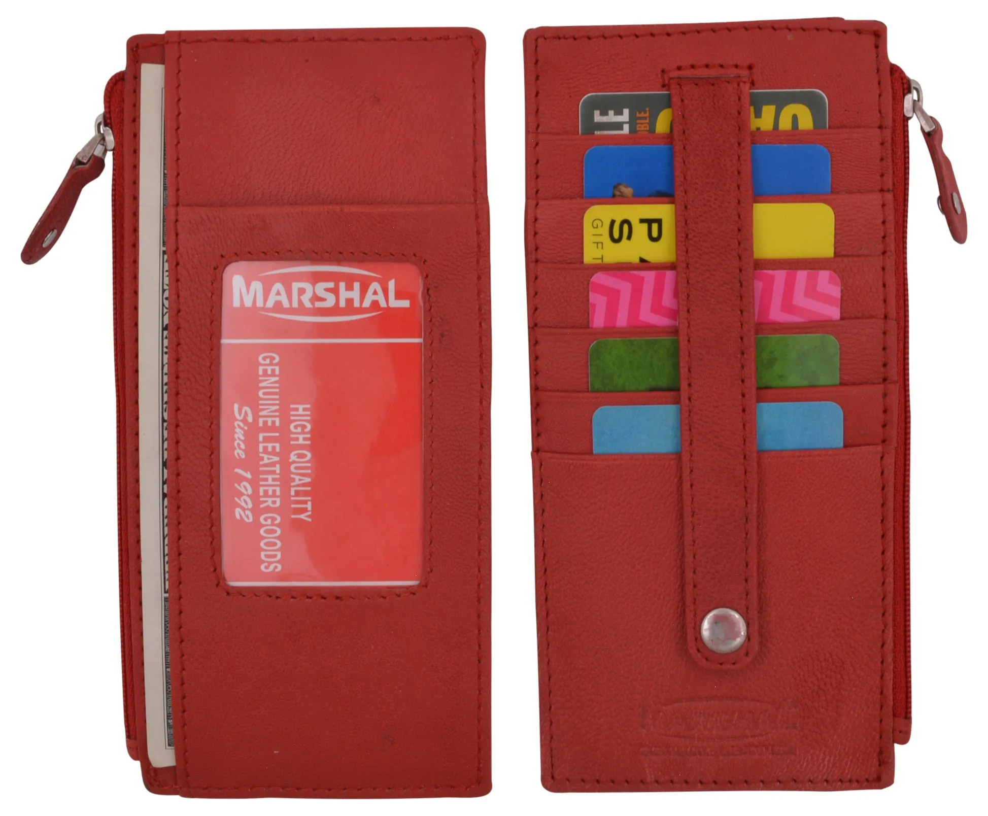 Leather All in One Card Case Holder Slim Wallet With a Card Protection Strap by Marshal