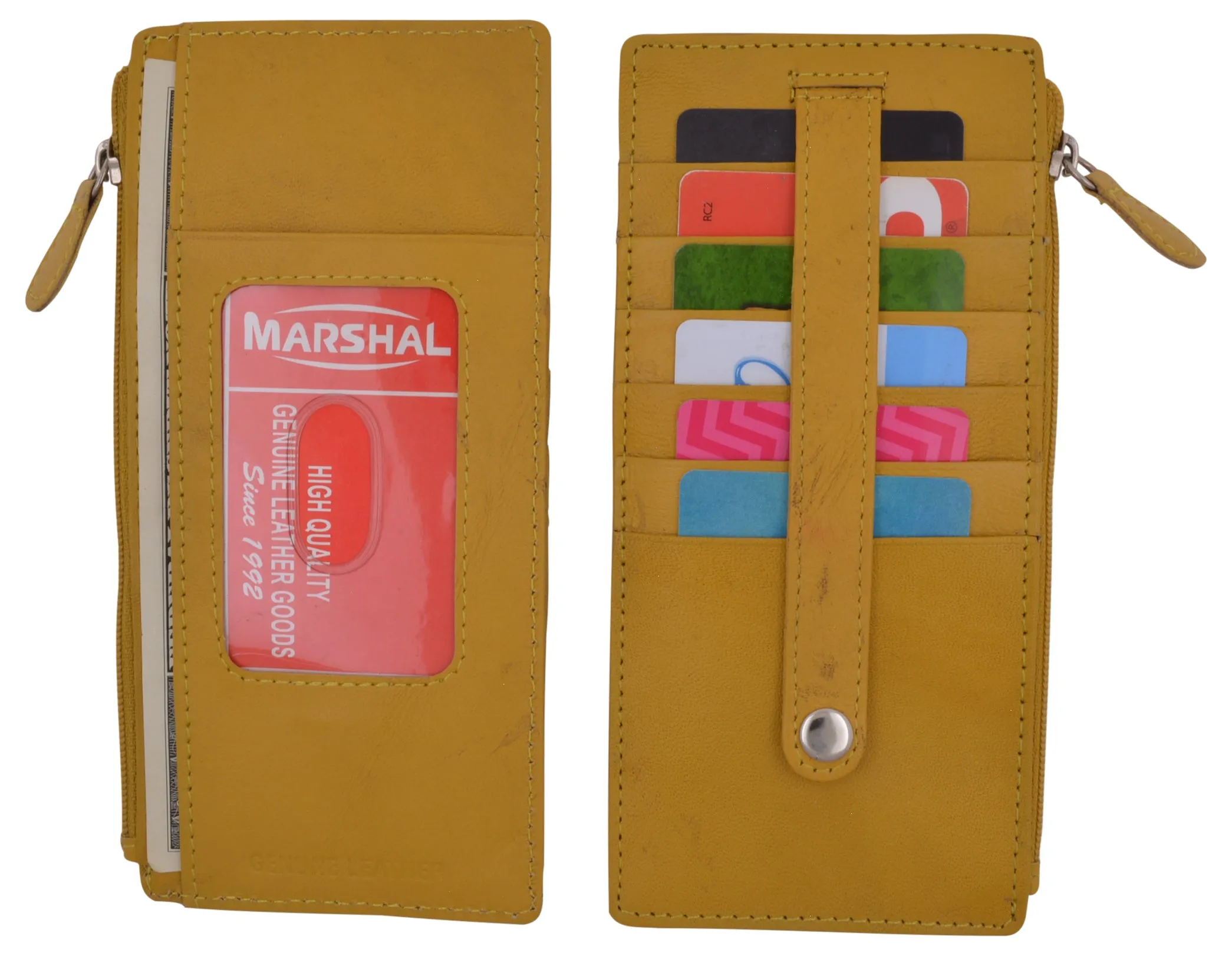 Leather All in One Card Case Holder Slim Wallet With a Card Protection Strap by Marshal