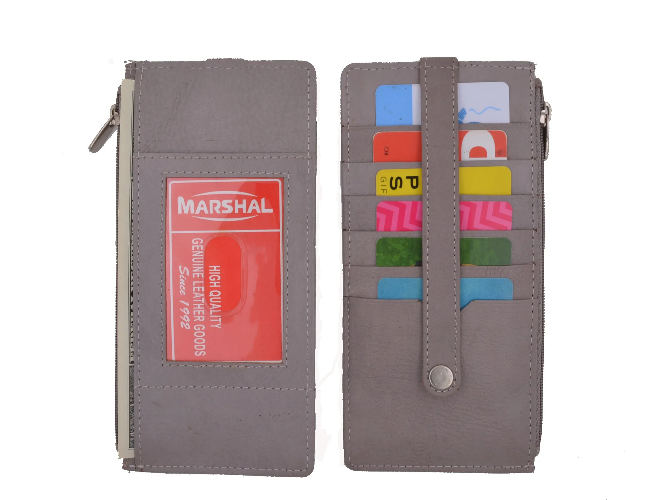 Leather All in One Card Case Holder Slim Wallet With a Card Protection Strap by Marshal