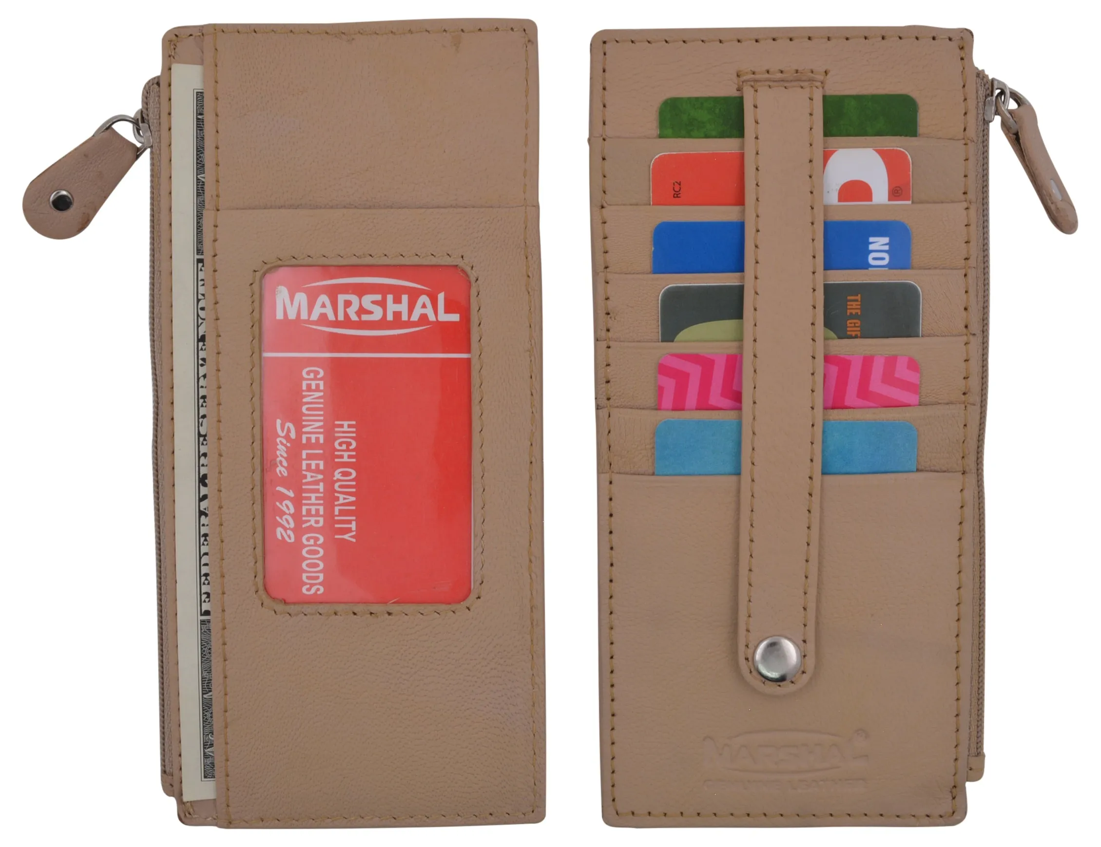 Leather All in One Card Case Holder Slim Wallet With a Card Protection Strap by Marshal