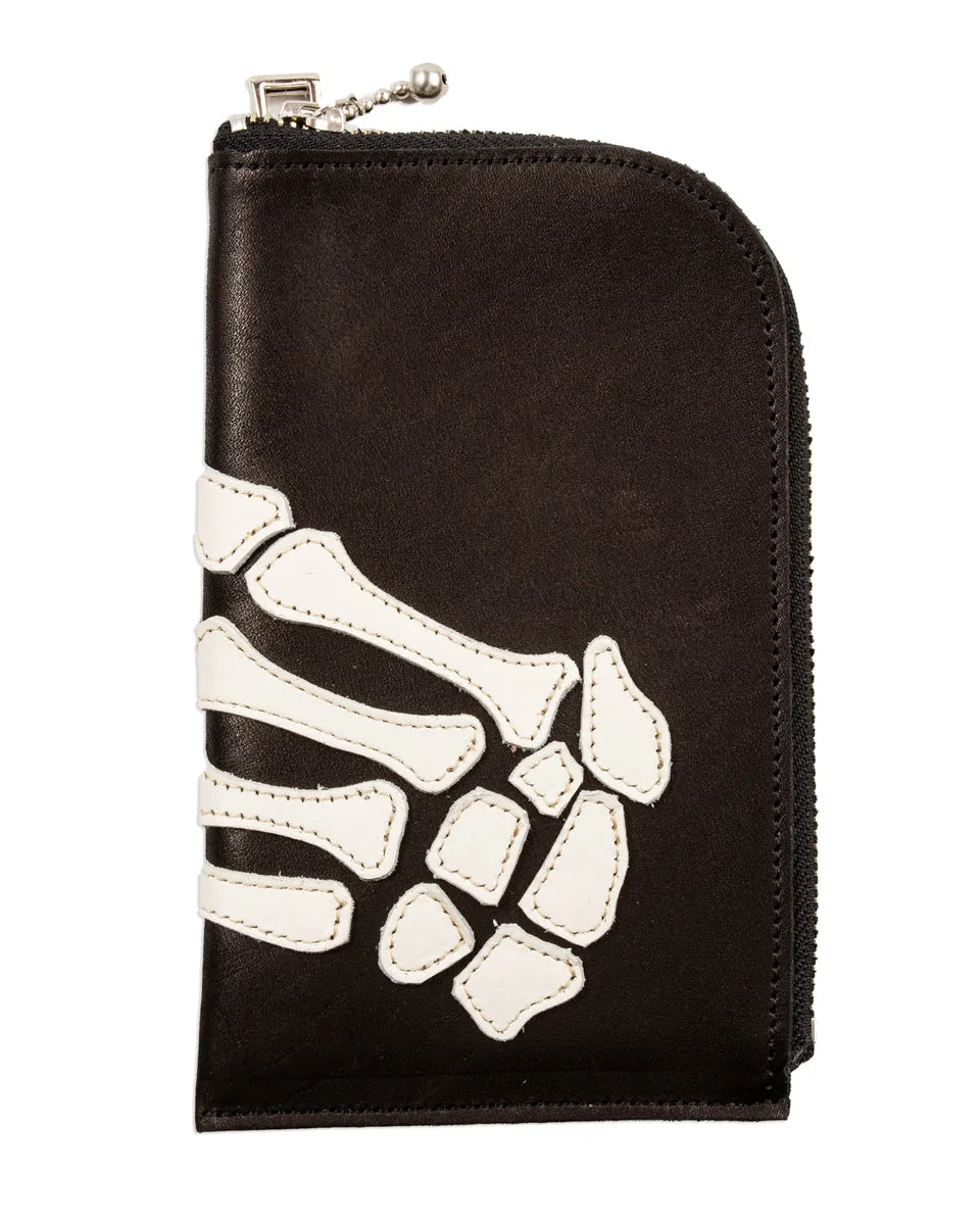 Leather THUMBS-UP BONE HAND ZIP Neck Pouch - Black