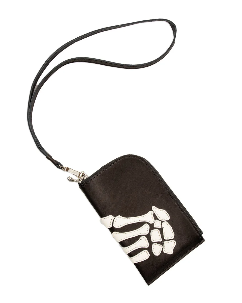 Leather THUMBS-UP BONE HAND ZIP Neck Pouch - Black