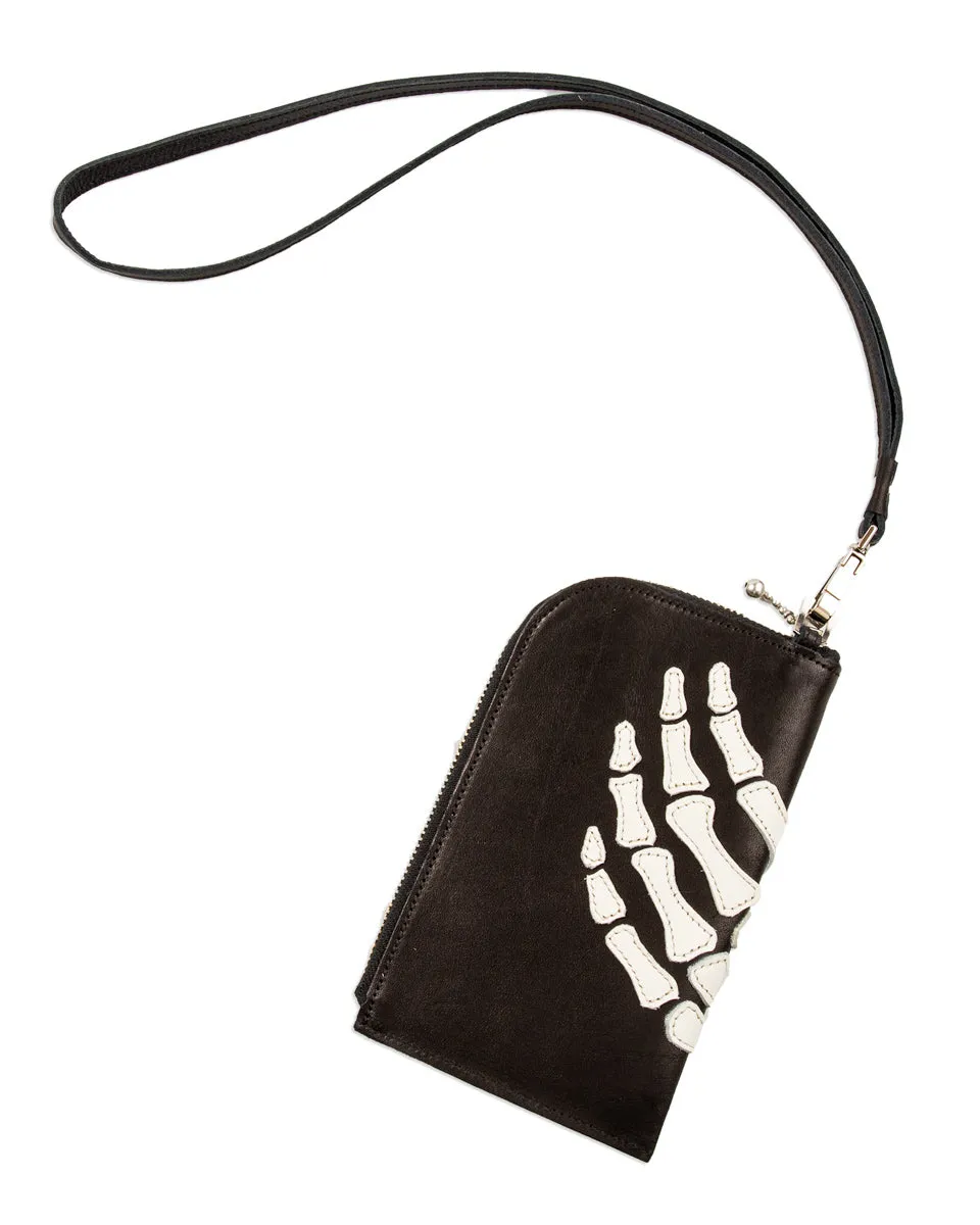 Leather THUMBS-UP BONE HAND ZIP Neck Pouch - Black