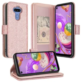 LG Aristo 5 Plus Case, Glitter Faux Leather Flip Credit Card Holder Wrist Strap Shockproof Protective Wallet Case Clutch for Aristo 5 Plus - Rose Gold