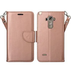 LG G Stylo Case, LG G Vista 2 Case, Wrist Strap Magnetic Flip Fold[Kickstand] Pu Leather Wallet Case with ID & Credit Card Slots for LG Vista2/Stylo - Rose Gold