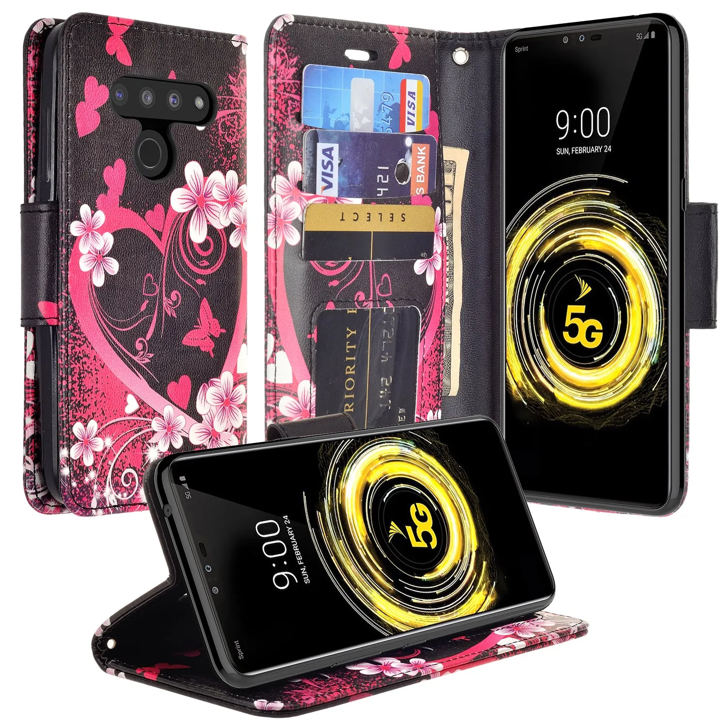 LG G8 ThinQ Case, LM-G820 Wallet Case, Wrist Strap Pu Leather Wallet Case [Kickstand] with ID & Credit Card Slots - Heart Butterflies