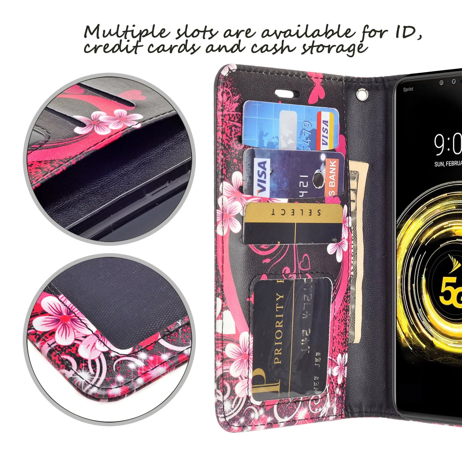 LG G8 ThinQ Case, LM-G820 Wallet Case, Wrist Strap Pu Leather Wallet Case [Kickstand] with ID & Credit Card Slots - Heart Butterflies