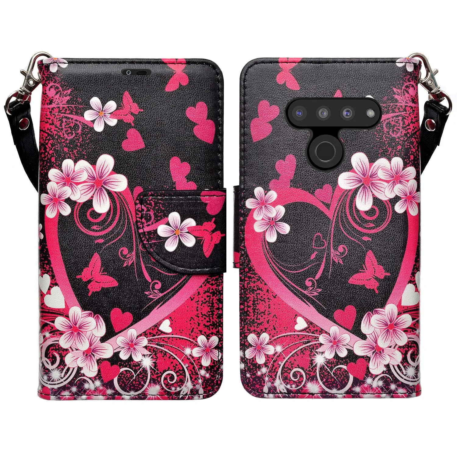 LG G8 ThinQ Case, LM-G820 Wallet Case, Wrist Strap Pu Leather Wallet Case [Kickstand] with ID & Credit Card Slots - Heart Butterflies